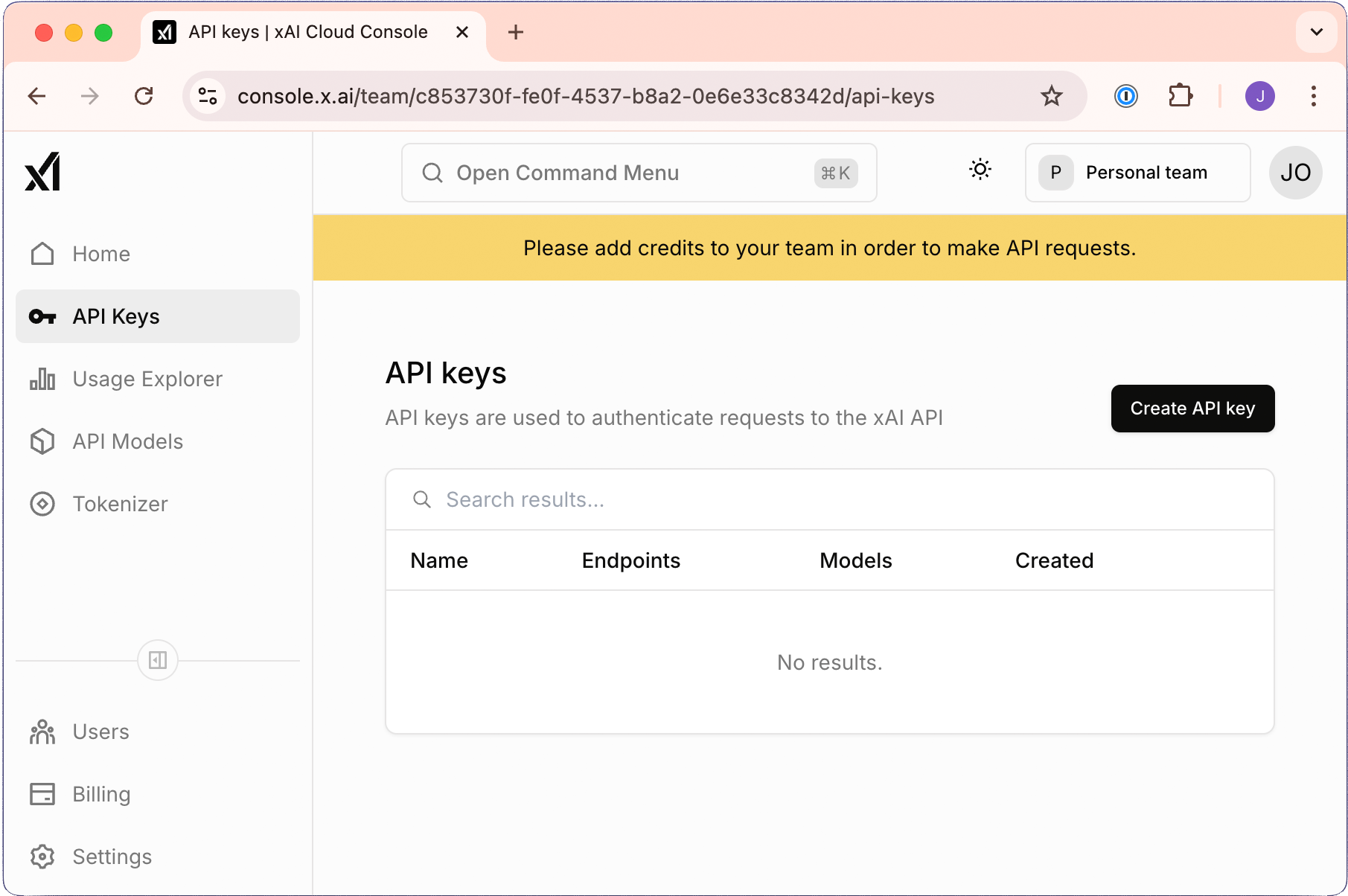 Create API Key 按钮