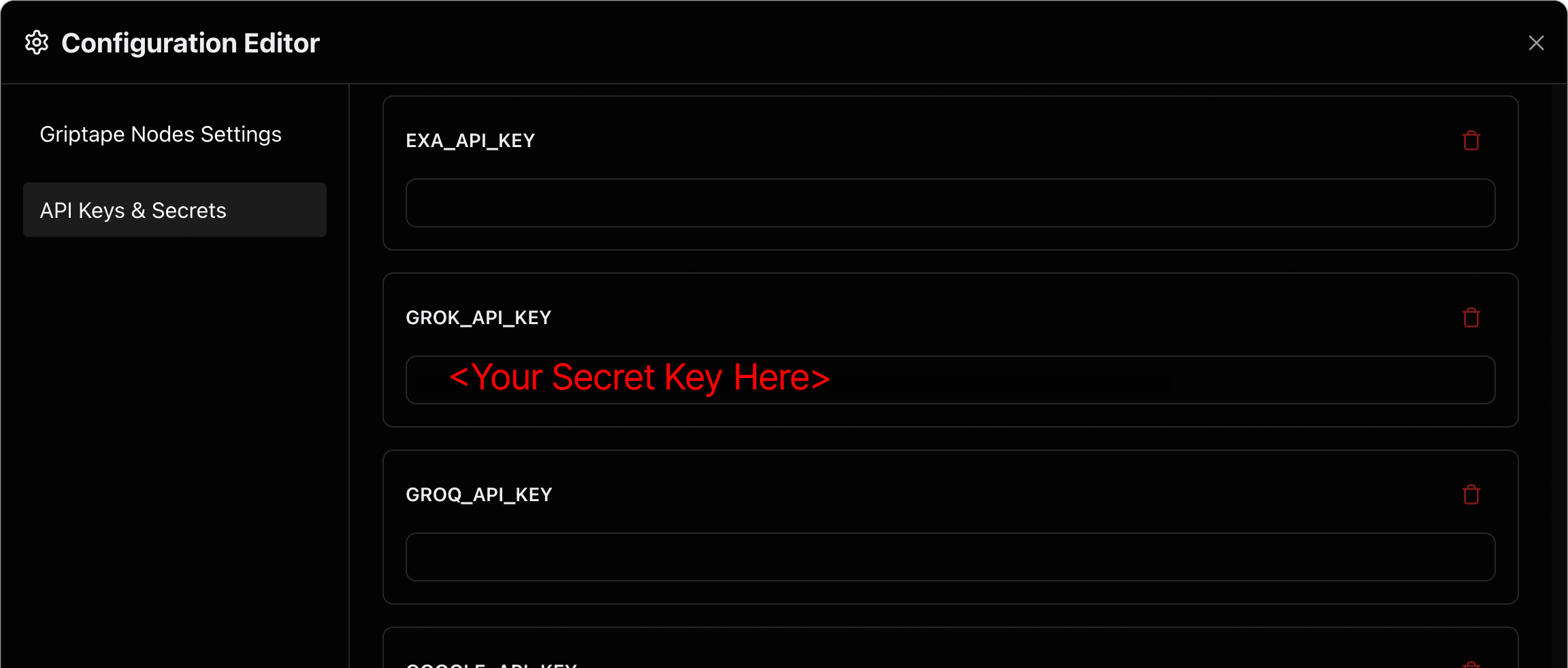在配置编辑器中登记 Grok API Key