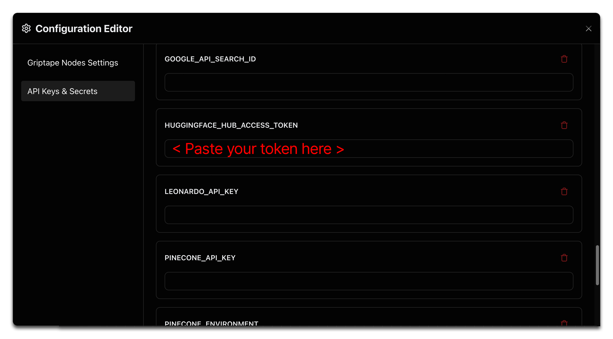 在配置编辑器中登记 Hugging Face Token
