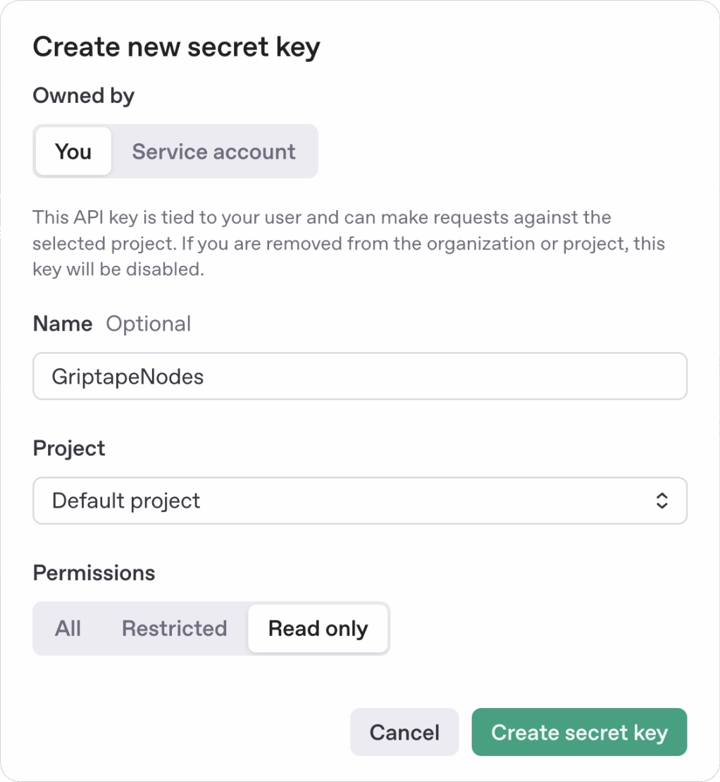 Create New Secret Key 对话框