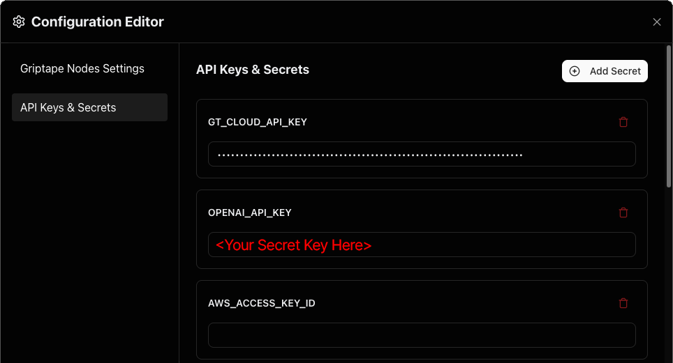 在配置编辑器中登记 OpenAI Secret Key