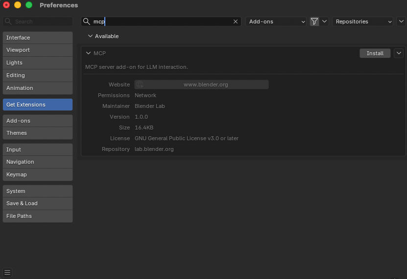 Blender 插件偏好设置中的 MCP 扩展